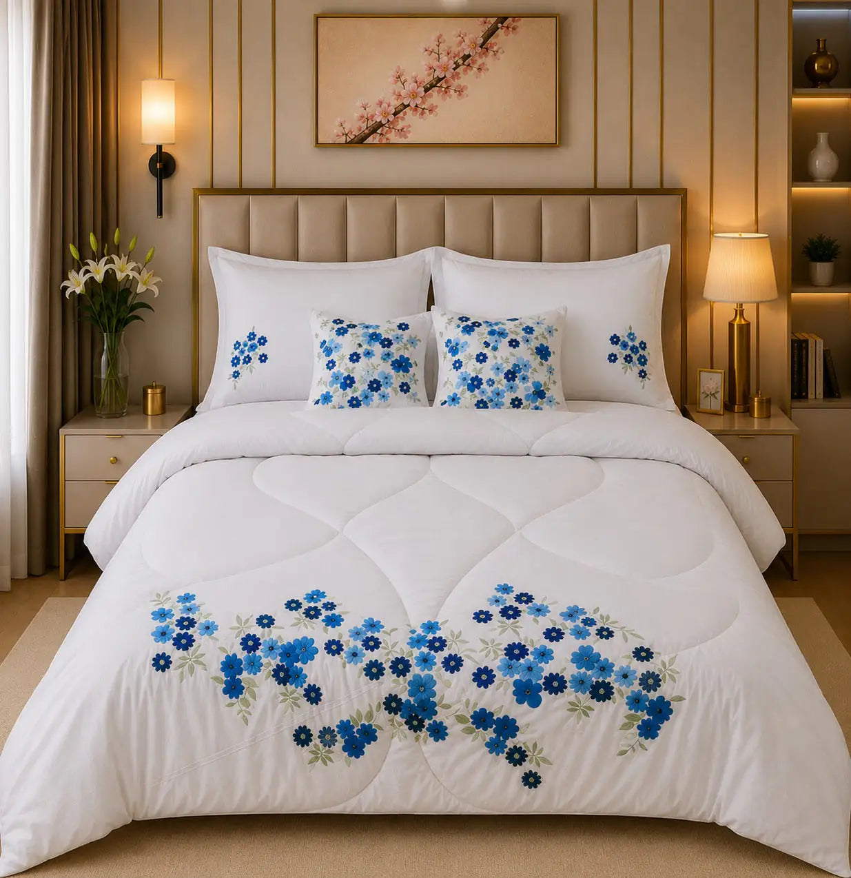 6 PCS Blue Floral Embroidered Comforter Set
