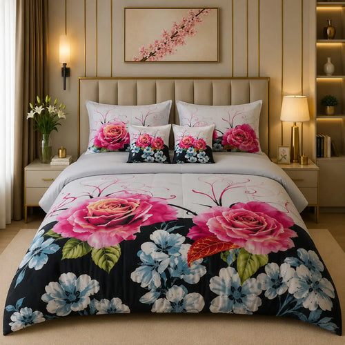 6 PCS White Rose Floral Comforter Set