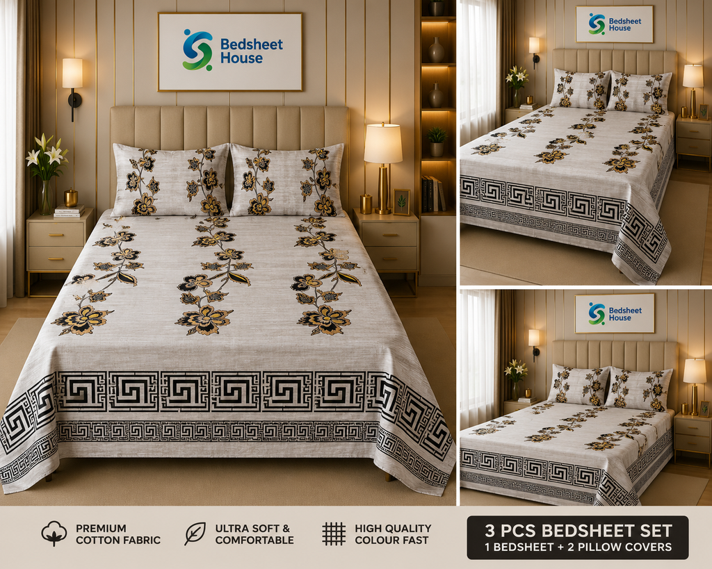 Beige Floral Border Bedsheet