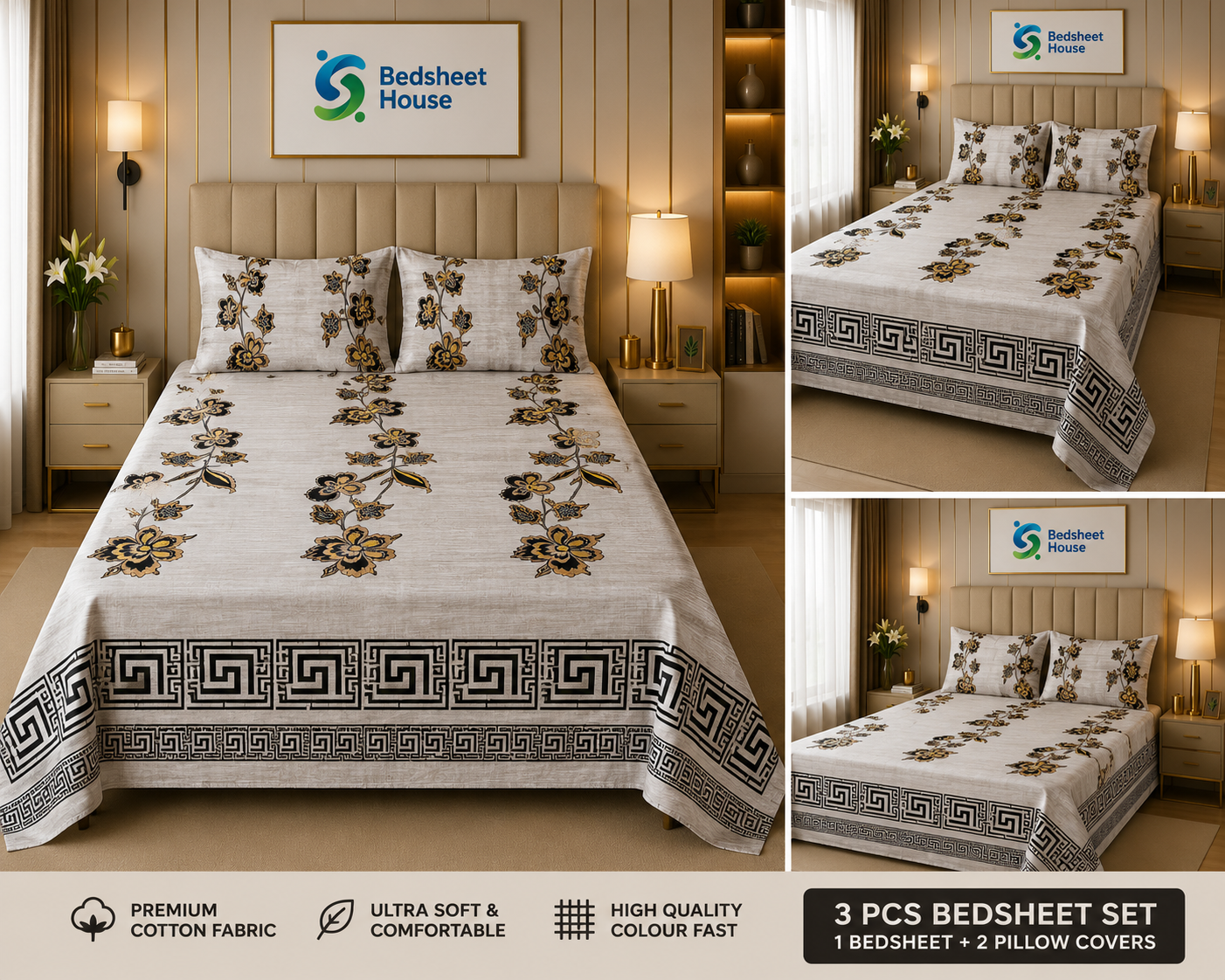 Beige Floral Border Bedsheet
