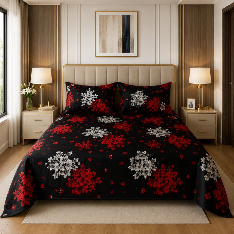 Black Red Floral Bedsheet