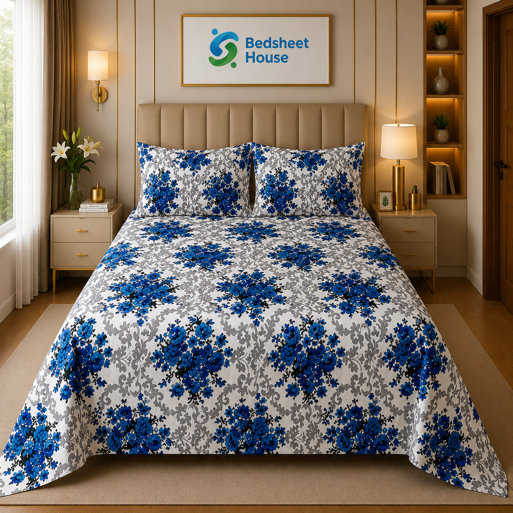Blue Damask Floral Bedsheet