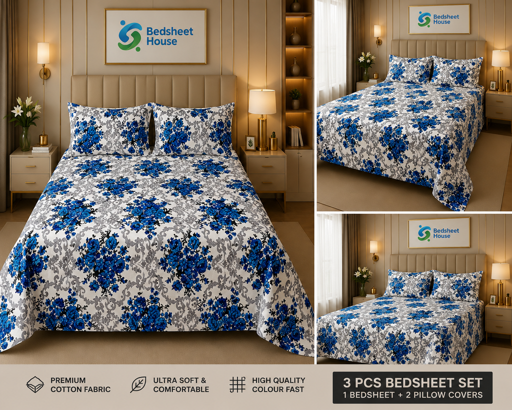 Blue Damask Floral Bedsheet