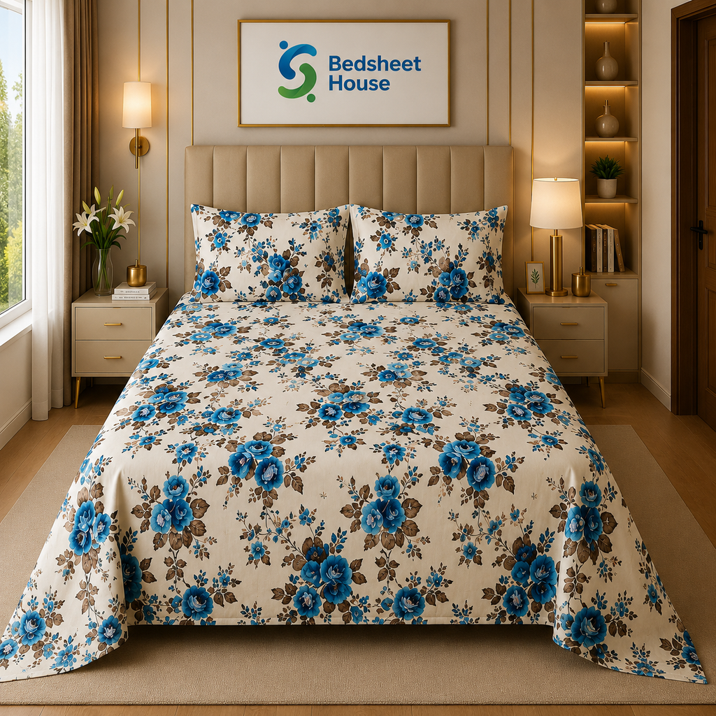 Blue Rose Floral Bedsheet