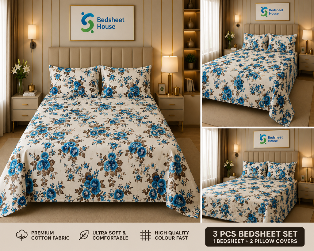 Blue Rose Floral Bedsheet