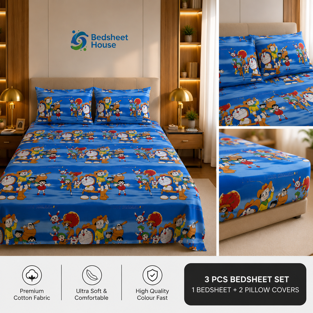 Doraemon Blue 3 PCS Bedsheet