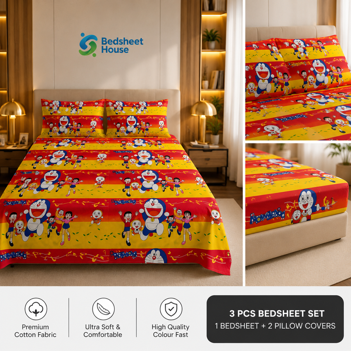 Doraemon Red & Yellow Bedsheet