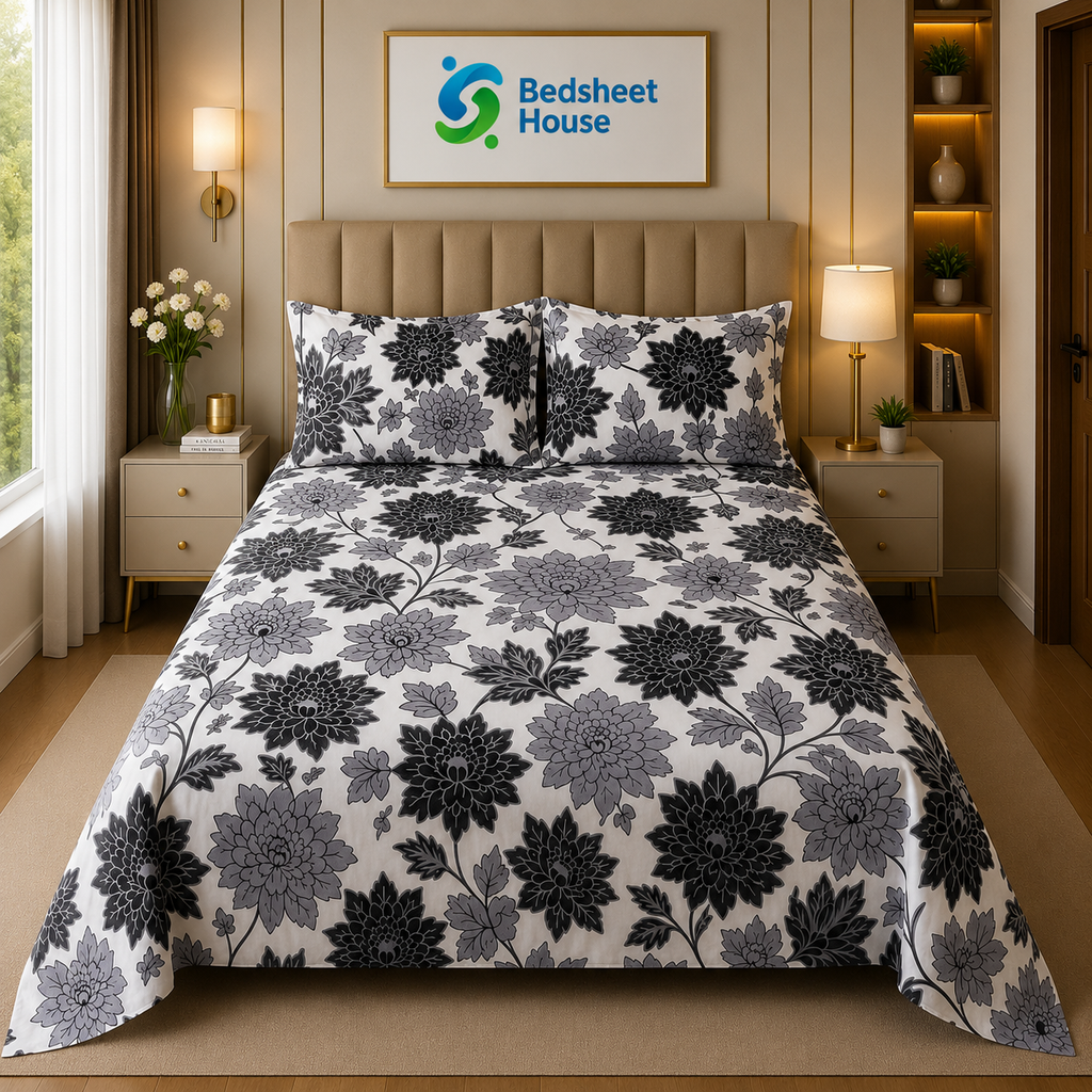 Grey Dahlia Floral Bedsheet