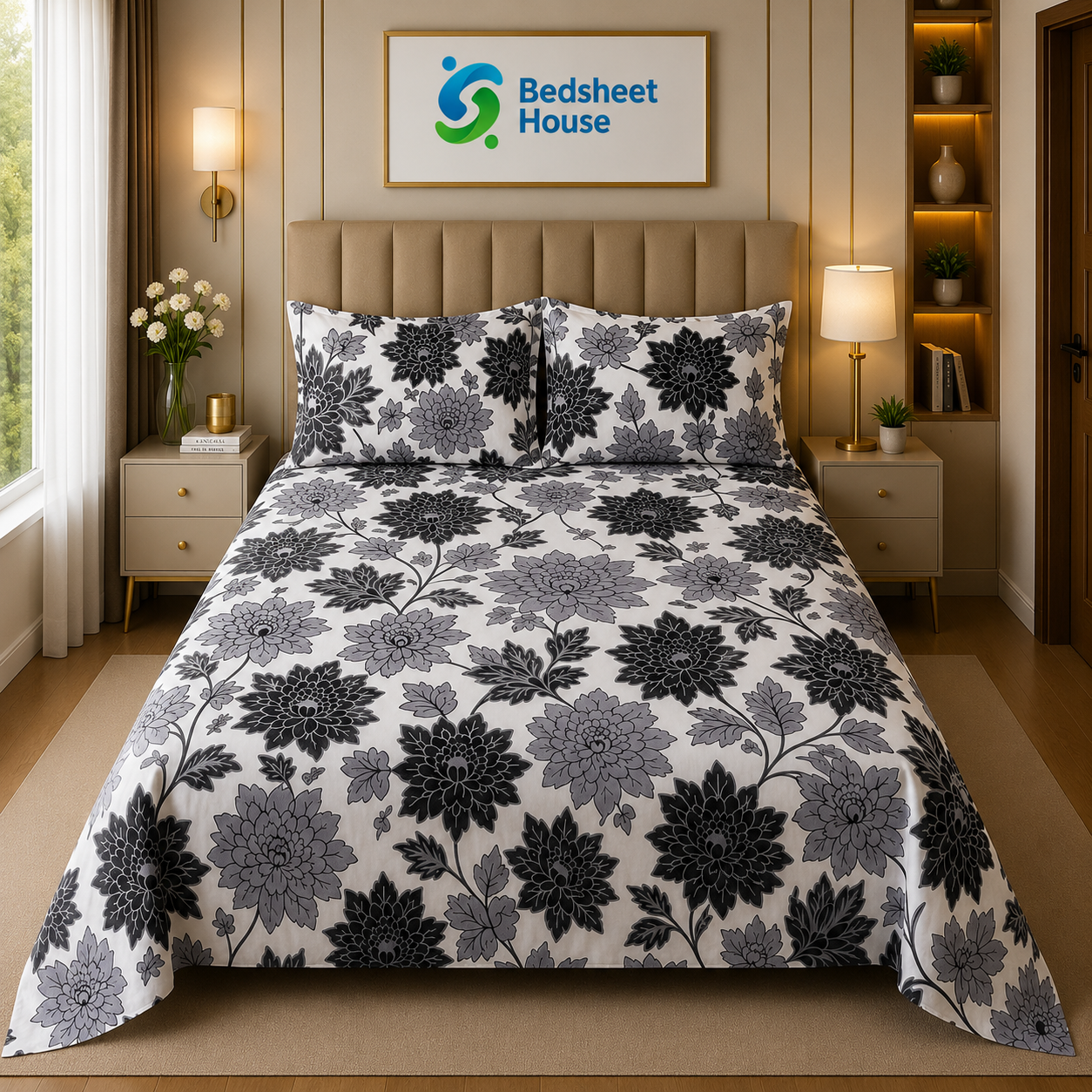 Grey Dahlia Floral Bedsheet