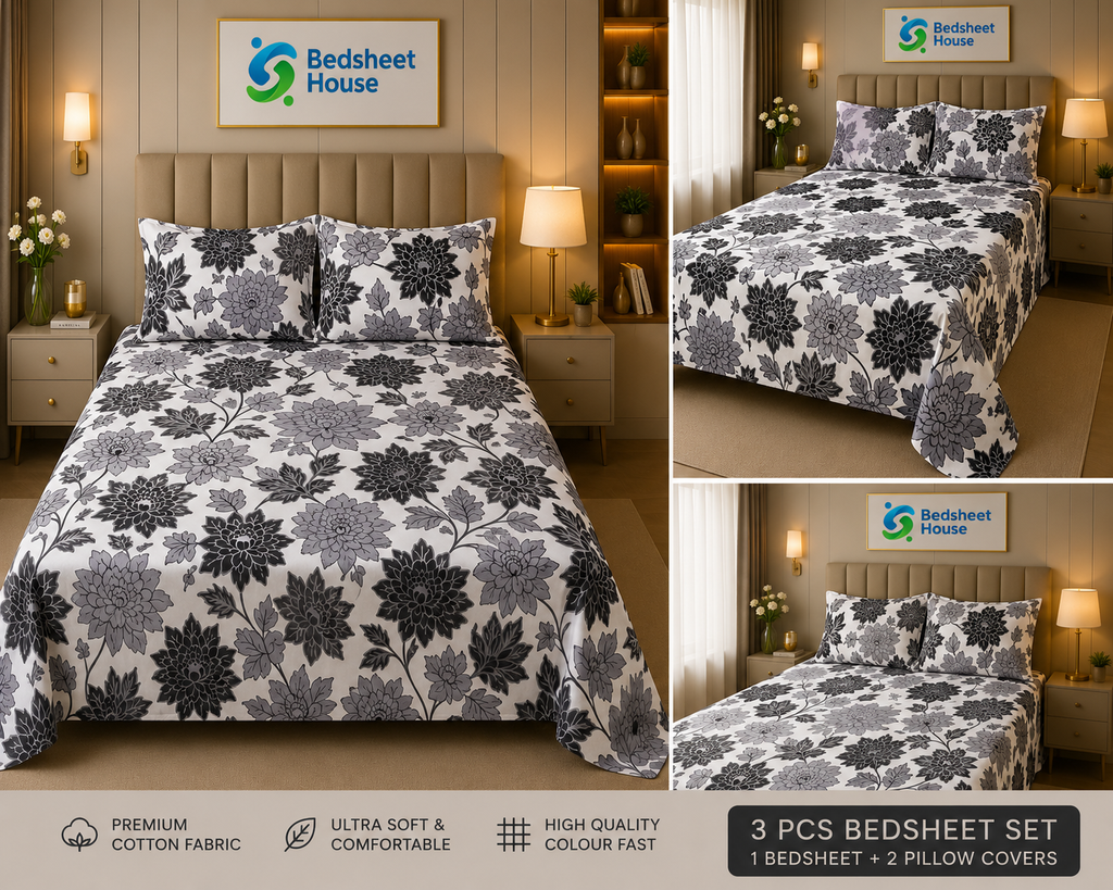 Grey Dahlia Floral Bedsheet