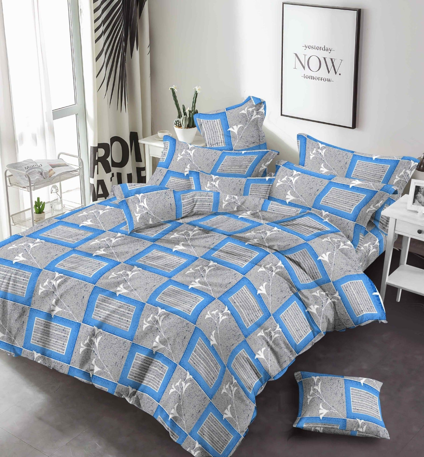 Blue Grey Square Box Bed Sheet