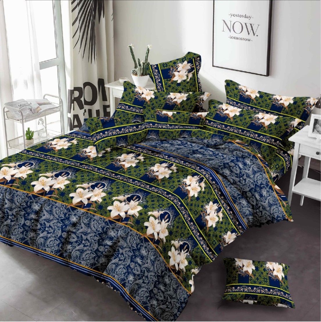 Dark Green with White Flowers - Bed Sheets