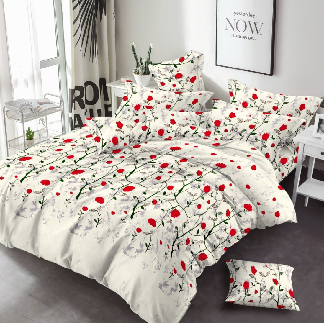 Red Floral Printed 3 Pcs - Bed Sheet
