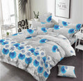 Blue Flower Printed Grey Cotton 3 Piece Bed Sheet