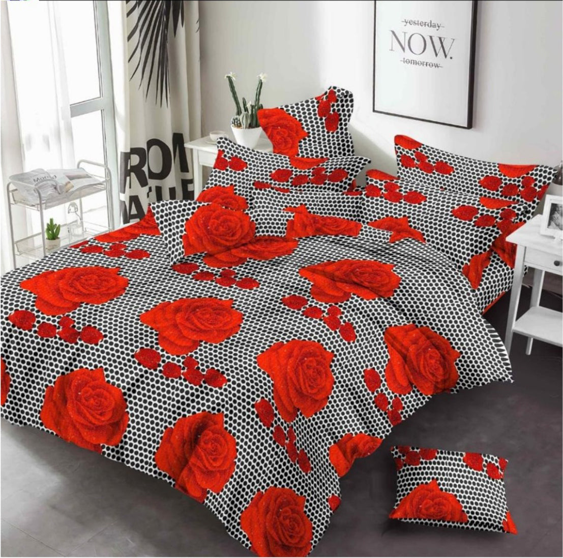 Red Flower Printed 2 Pillow Covers Bed Sheet
