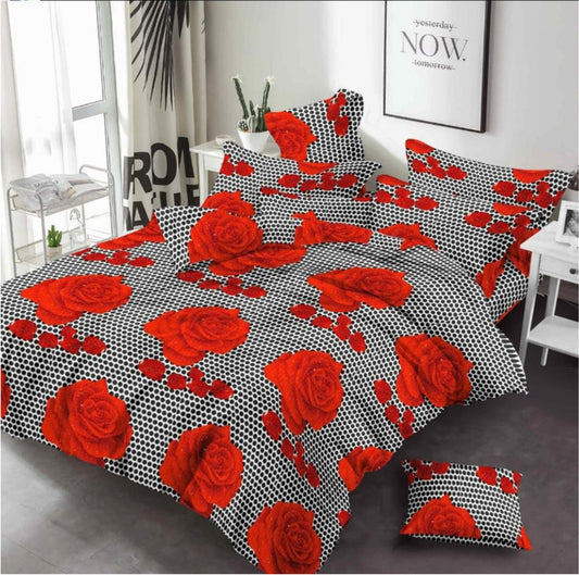 Red Flower Printed 2 Pillow Covers Bed Sheet