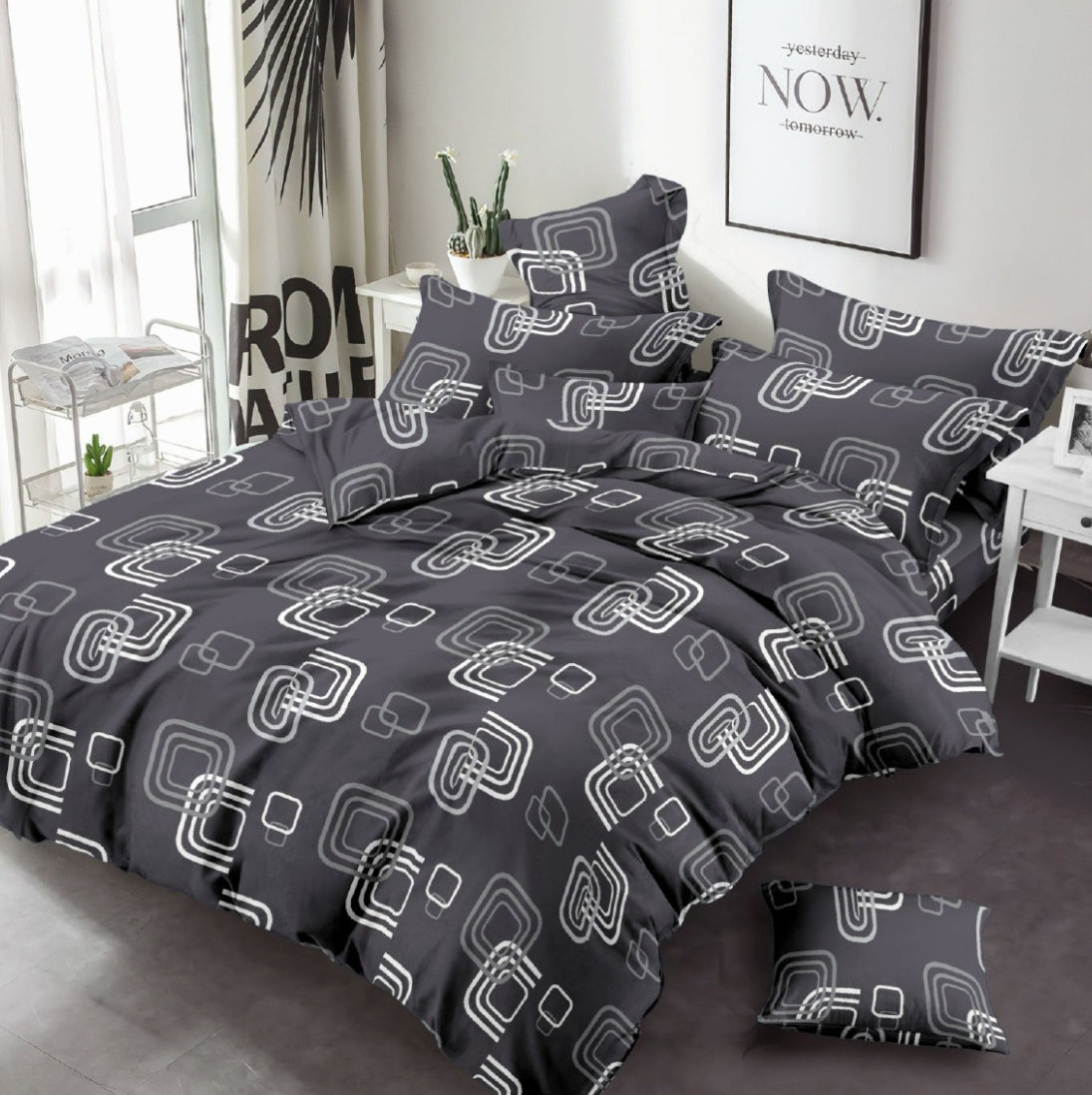 Black Grey White Box Printed - Bed Sheet