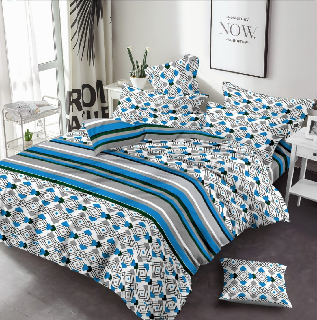 Blue with Lining Printed 3 Pcs - Bed Sheet
