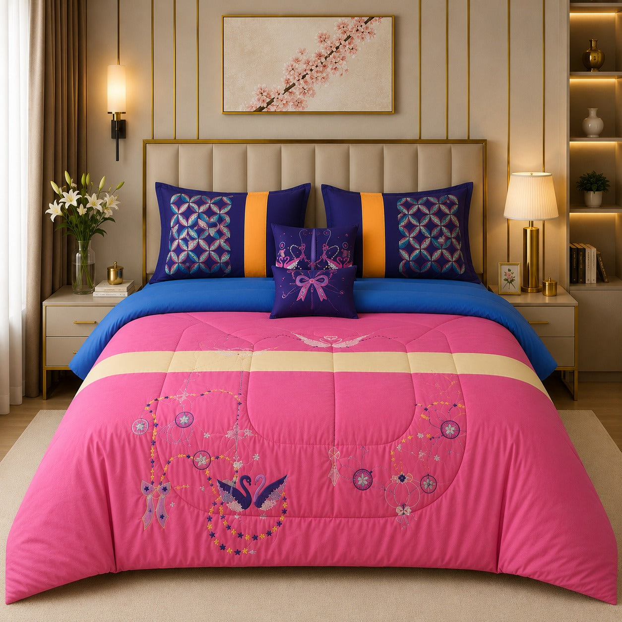 6 PCS Pink Embroidered Comforter Set