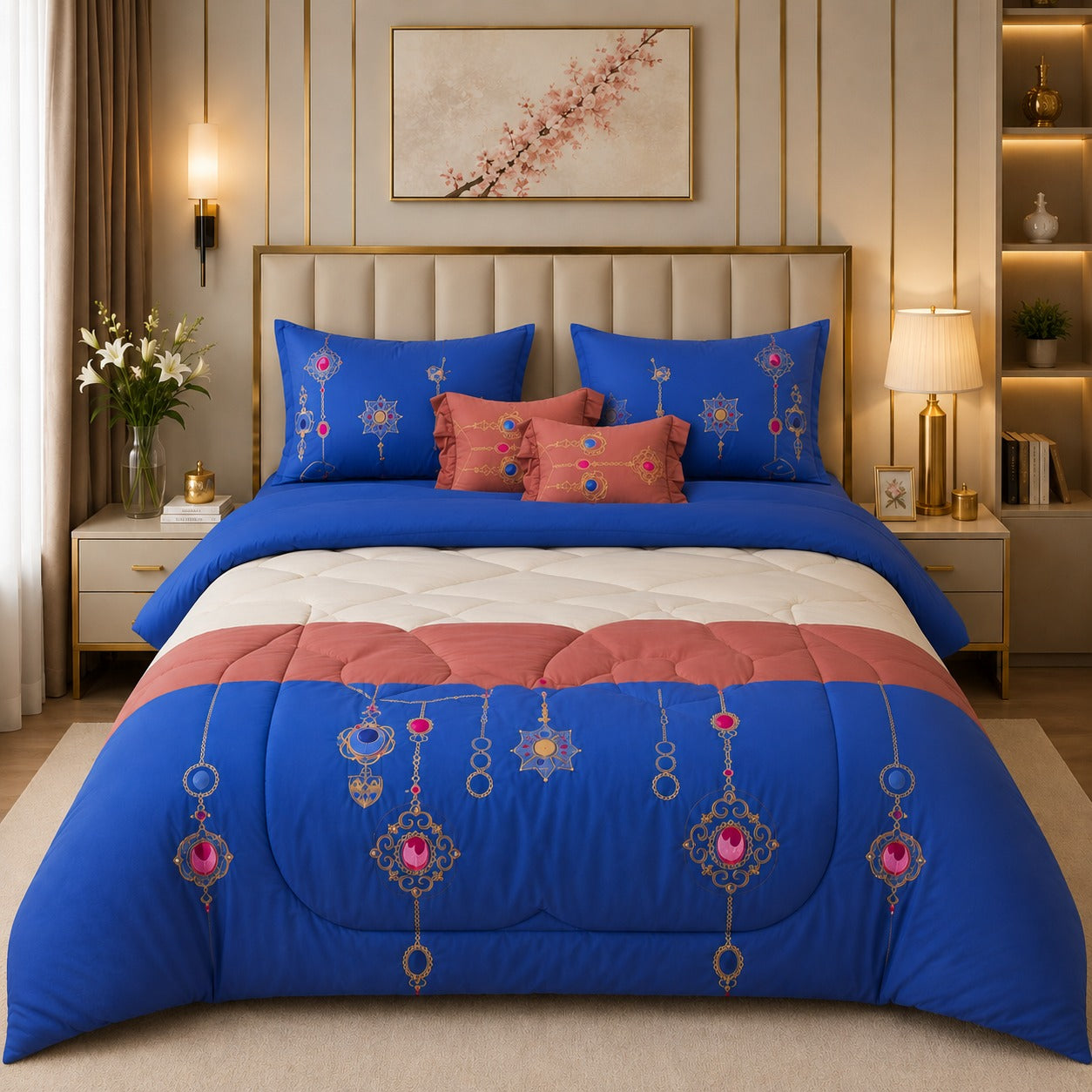 Luxury 6 PCS Royal Blue Embroidered Comforter Set