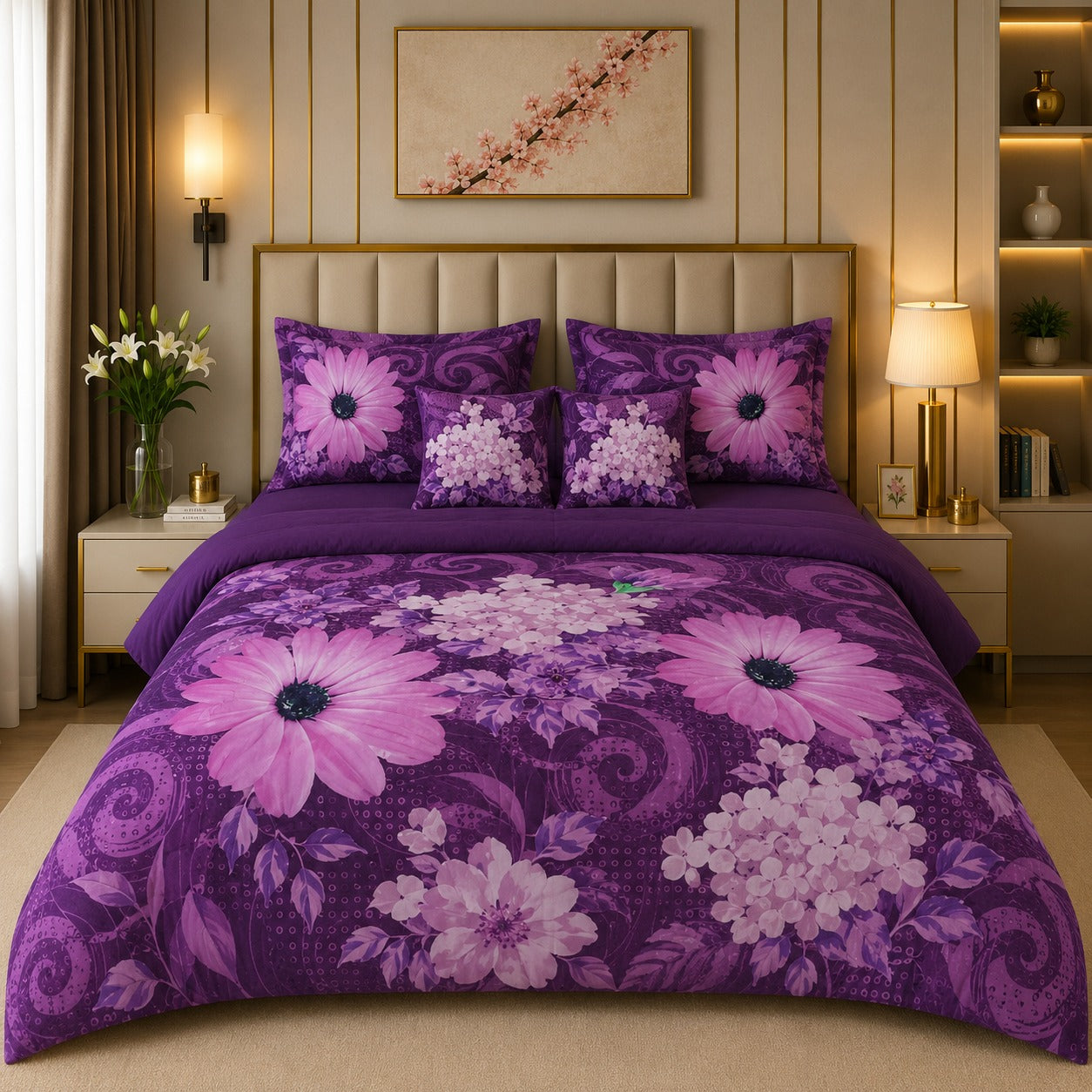 6 PCS Purple Floral Comforter Set