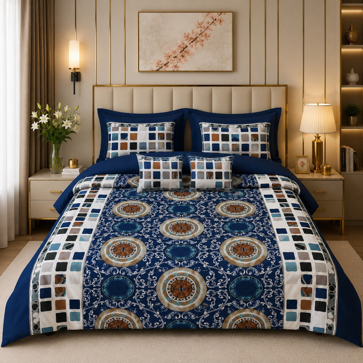 Royal Blue Printed 6 PCS Comforter Set