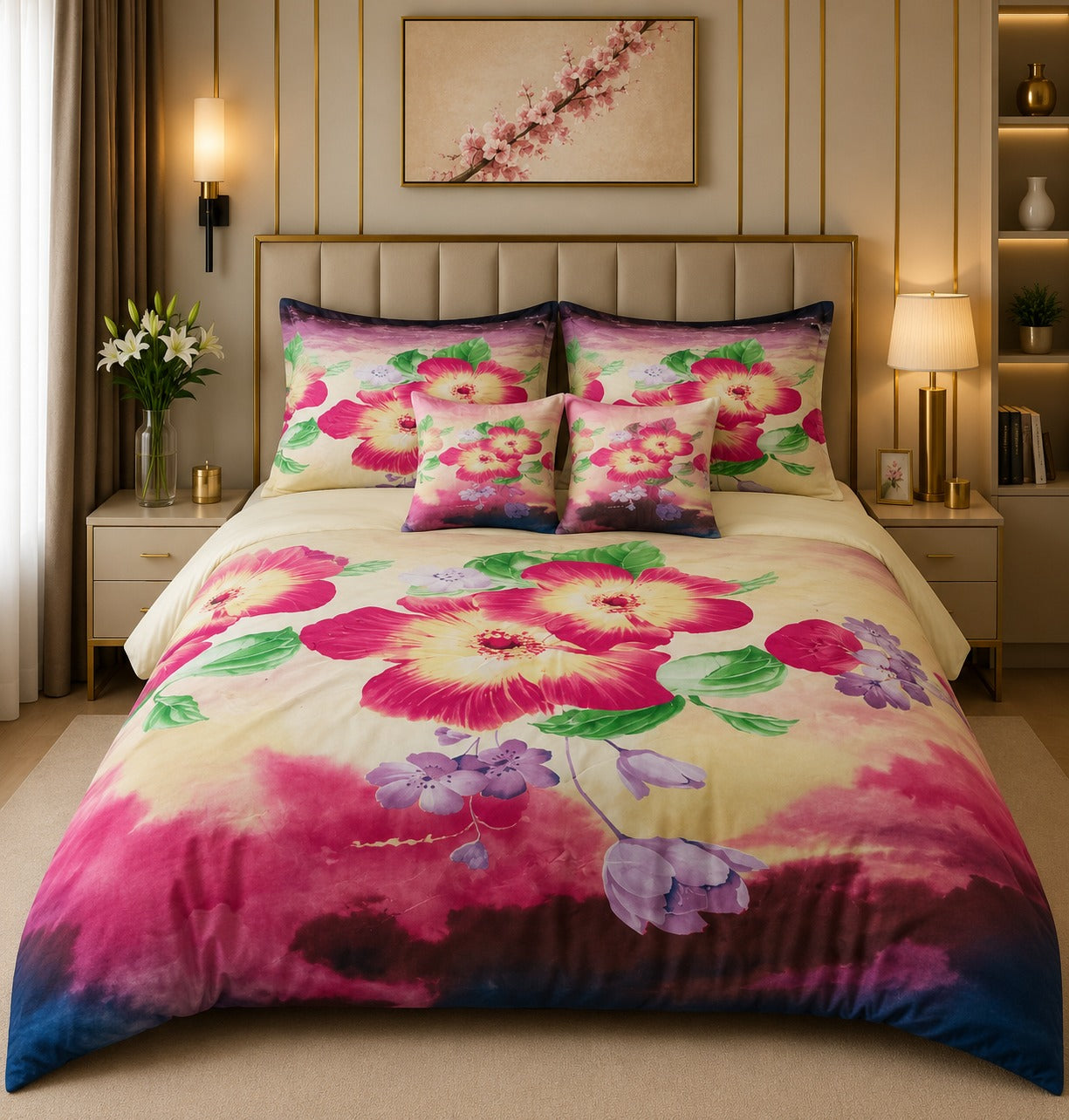 Pink Floral Luxury 6 PCS Comforter Set