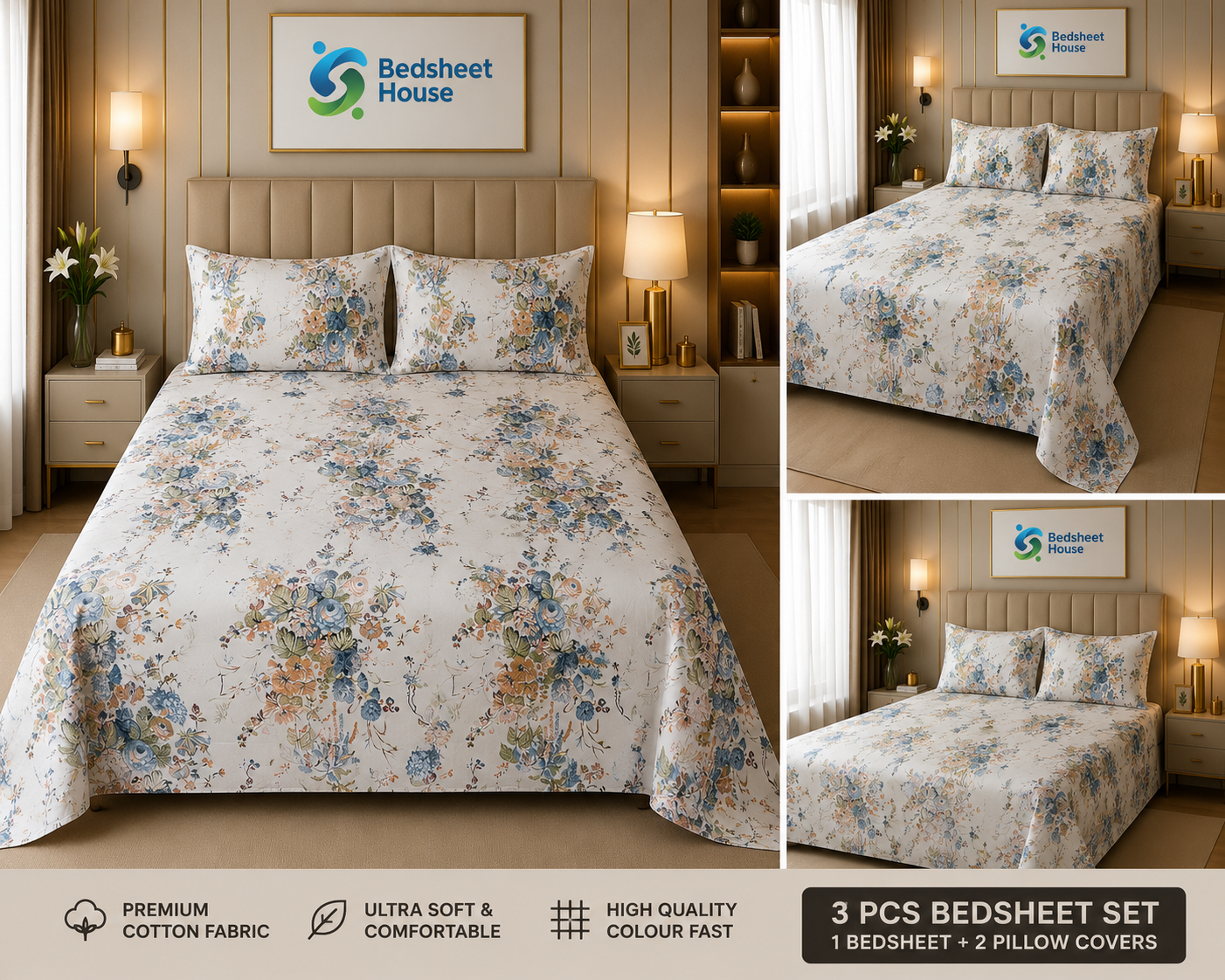 Blue Watercolor Floral Bedsheet