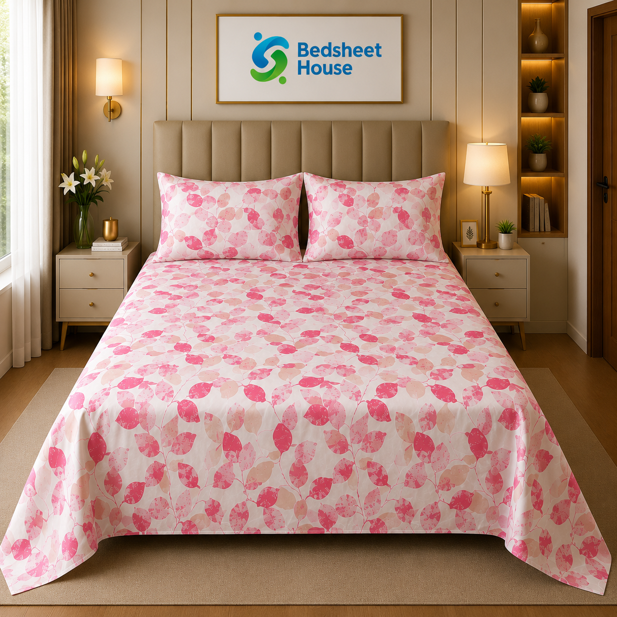 Pink Watercolor Leaf Bedsheet