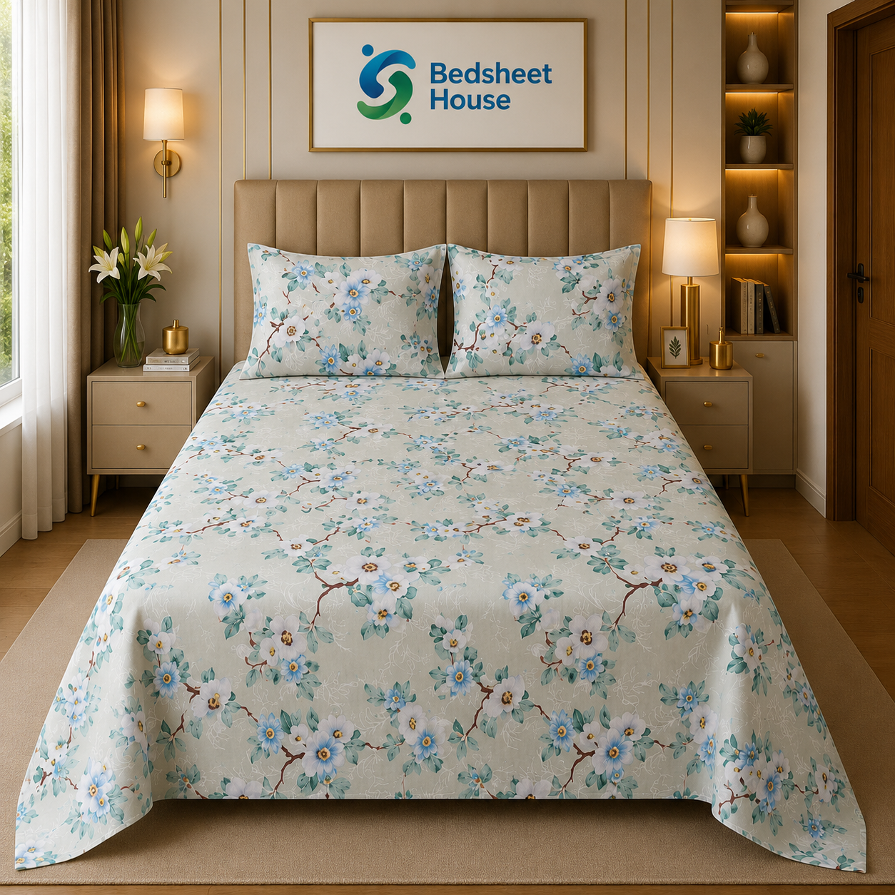 Sage Blue Floral Bedsheet