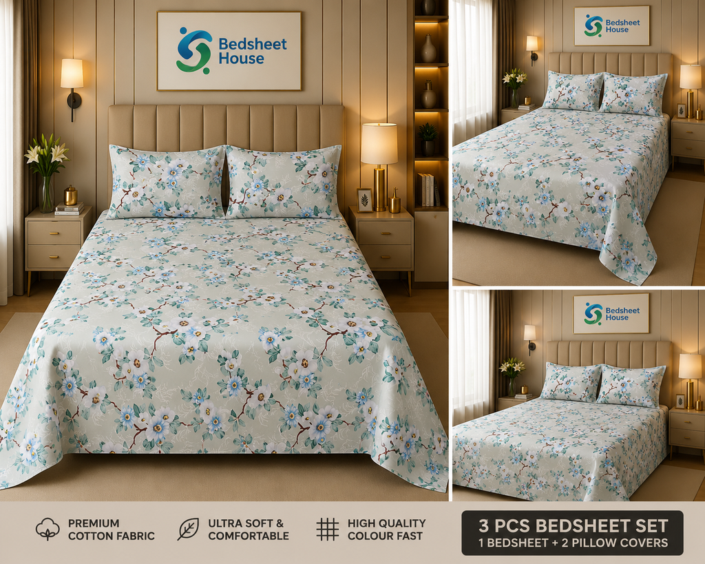 Sage Blue Floral Bedsheet