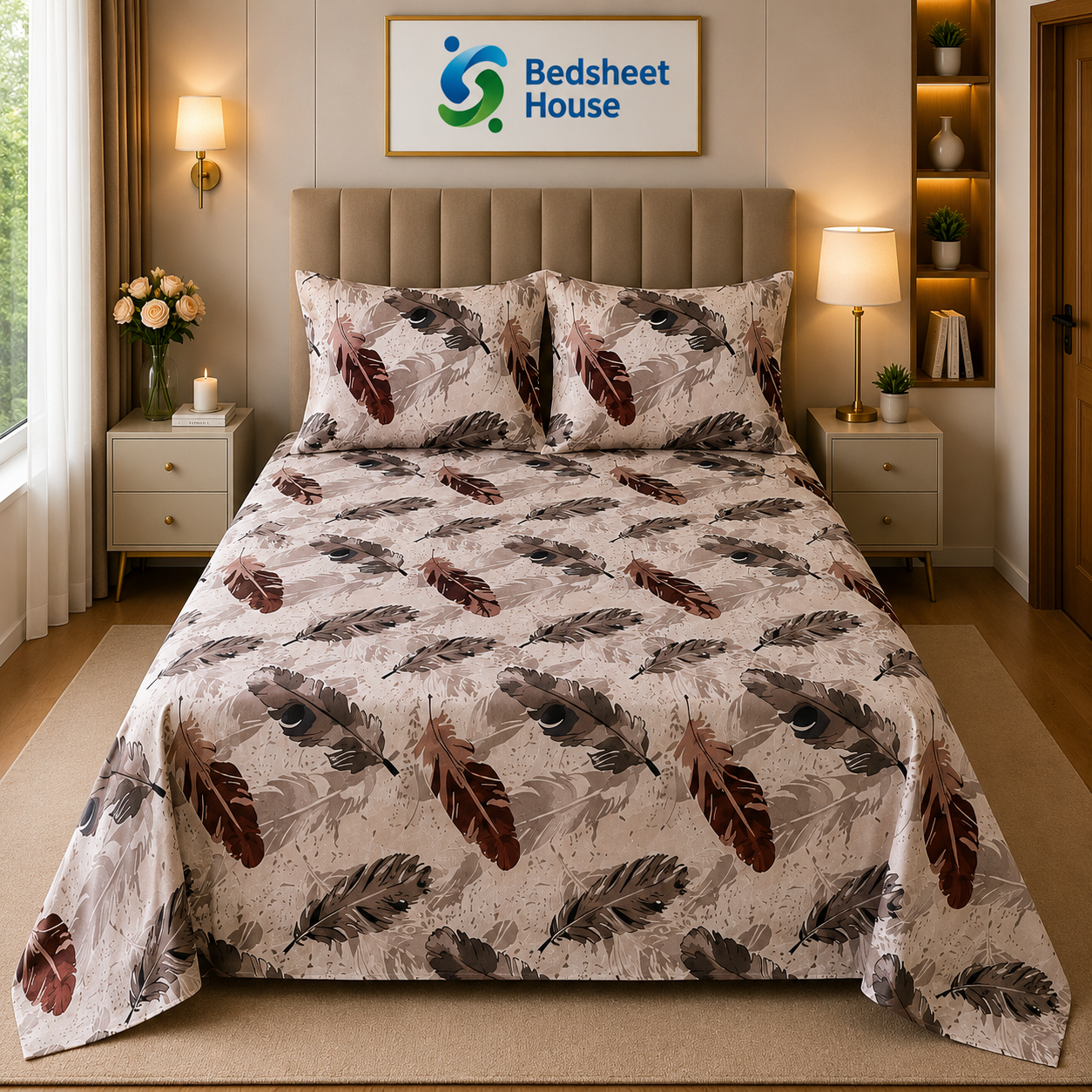 Beige Feather Print Bedsheet