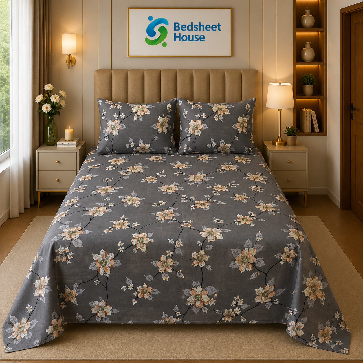 Grey Floral Vine Bedsheet