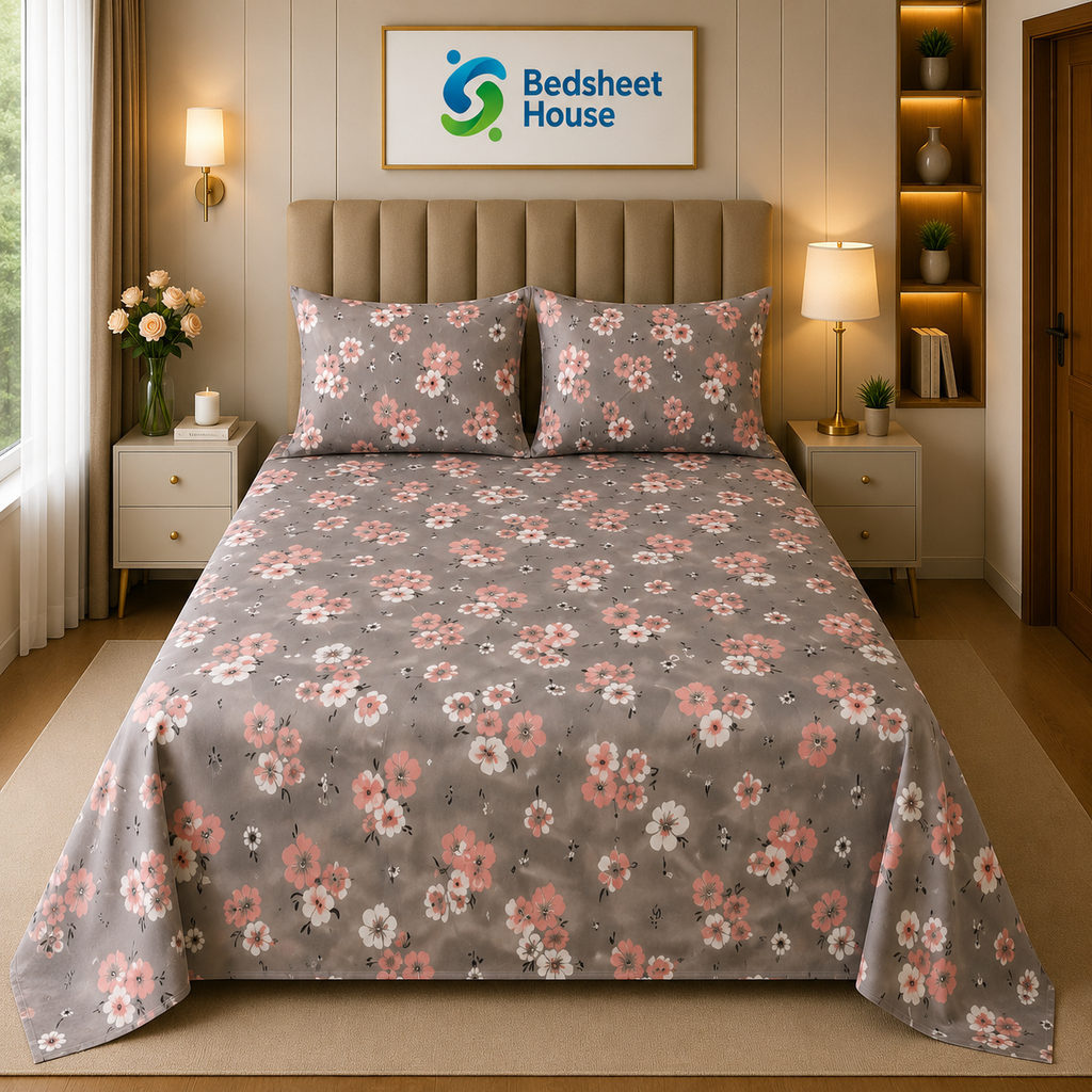 Grey Pink Floral Bedsheet