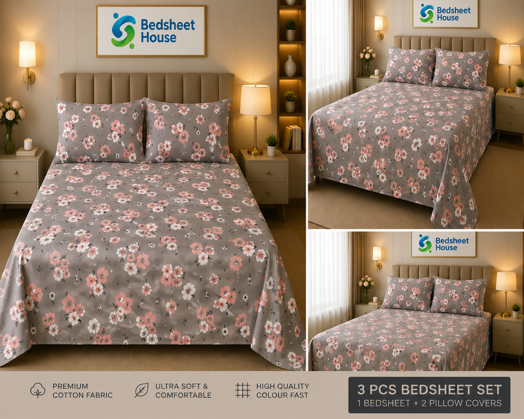 Grey Pink Floral Bedsheet